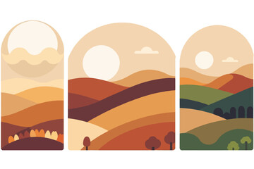 Abstract Landscape Art - Minimalist Hill Scenery - Set of Three Arched Panels - Earth Tone Color Palette - Modern Graphic Design Illustration