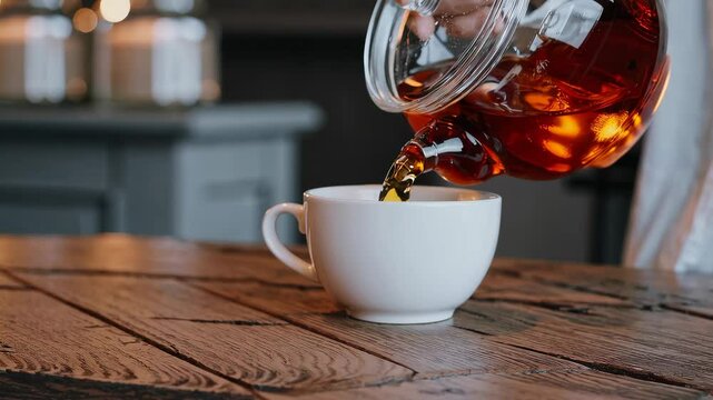 Pouring tea from glass teapot into white ceramic cup on wooden table, symbolizing warmth, relaxation, ritual, and cozy domestic beverage moment