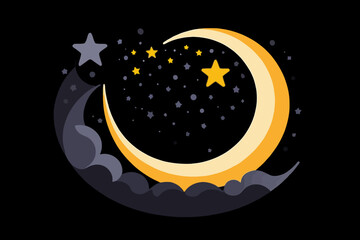 Naklejka premium Cartoon Crescent Moon with Stars and Clouds Illustration - Night Sky Vector Graphic for Childrens Books - Dreamy Celestial Art with Dark Background