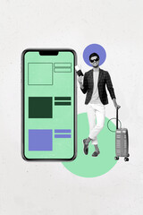 Creative art collage of person stand hold travel tickets near big template smart phone on grey background