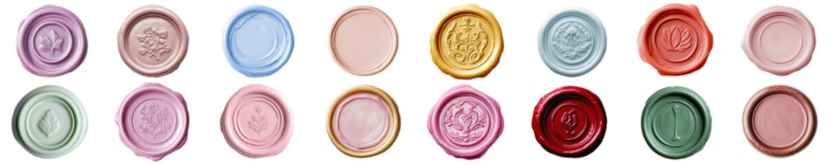 Colorful wax seals collection with floral and vintage emblems in assorted tones isolated on transparent background