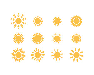 Yellow sun icon set, Vector sun icons collection on white background