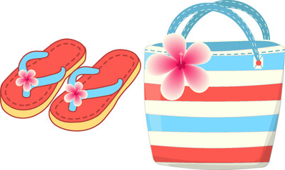  Vector illustration of beach bag and beach flip flops Summer accessory for seaside vacation travel swimming and holiday essentials Stylish striped tote Flat style Isolated on white background