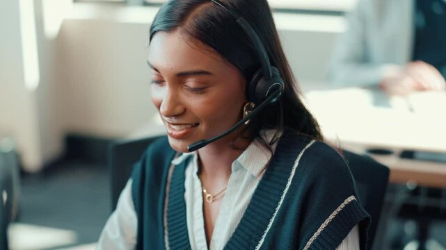 Customer service, discussion and woman in call center for support, crm or bilingual solution for IT. Help desk, virtual agent and talk on computer for language translation, tech inquiry and coworking