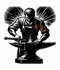 Blacksmith Working at Anvil, Strong Man Forging Metal