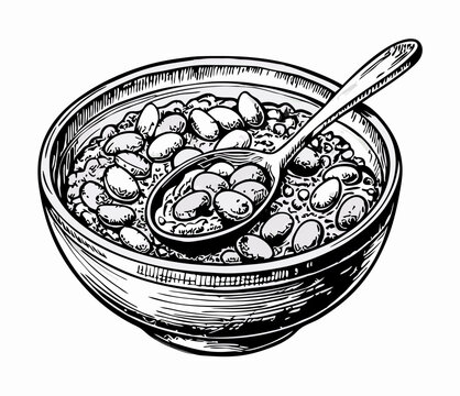 Bowl of Beans Sketch, Hand-Drawn Food Illustration