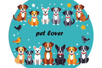 Fototapeta premium Cute Cartoon Dogs Illustration with Birds and Stars- Perfect for Pet Lovers- Dog Breeds Graphic Art- Whimsical Animal Artwork