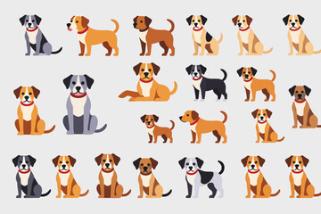 Naklejka premium Cute Cartoon Dogs Vector Illustration - Assorted Breeds and Colors - Pet Clipart for Design Projects - Canine Companions Clip Art Set