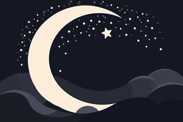 Obraz premium Cute Cartoon Moon and Stars Night Sky Illustration-Dreamy Crescent Moon with Stars and Clouds-Vector Graphic for Children and Baby Room Decor-Magical Nighttime Scene