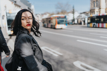Obraz premium A stylish woman wearing a pinstripe coat and red lipstick stands at a city street corner as buses pass by in the background under a clear sky.