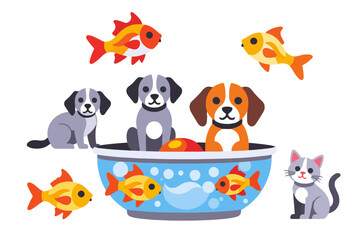 Obraz premium Cute Cartoon Pets Dogs in Fish Bowl with Goldfish and Cat Illustration-Playful Animal Graphics for Kids-Vector Art for Childrens Design