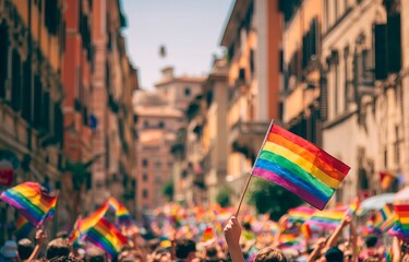 LGBTQIA pride parade with rainbow flags in a historic city street