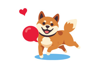 Cute Shiba Inu Puppy Cartoon with Red Speech Bubble and Heart - Happy Dog Illustration for Kids - Vector Graphic of Smiling Puppy on White Background