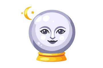 Cute Smiling Crystal Ball with Moon and Star Illustration - Fortune Telling Graphic Element - Mystical Prediction Icon for Occult Themes and Design Projects