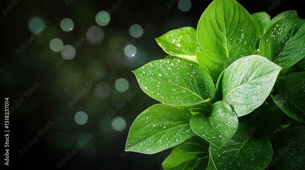 Poster soft wind blowing through a cluster of green leaves with dark bokeh background
