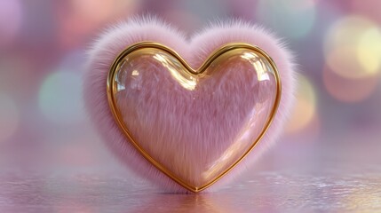 Fototapeta premium Fluffy Glass Heart with Pink Fur and Gold Sparkle Accents