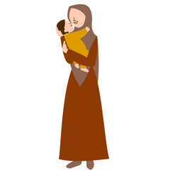 Muslim Mother Holding Baby, Cartoon Illustration