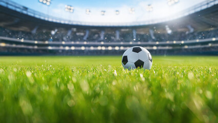 ball on the green field in soccer stadium. ready for game in the midfield - big panorama banner.