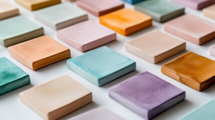 Fototapeta premium Square watercolor tiles in calming pastel palette, scattered neatly over white backdrop