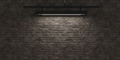 Brick wall background, wall with ceiling lights, 3D illustration