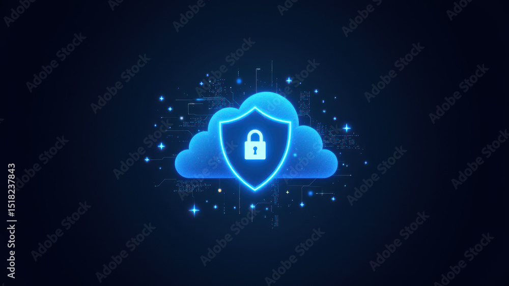 Poster an icon representing internet security with a cloud and shield motif.