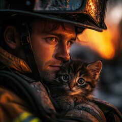 Firefighter Rescues Kitten Under Warm Sunset Glow in Emotional Scene
