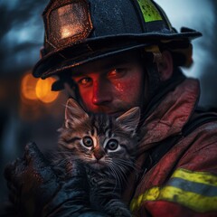 Firefighter Holds Rescued Kitten in Dramatic Evening Environment