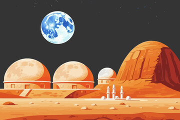 Futuristic Mars Colony Illustration with Moon - Sci-Fi Landscape Art - Dome Shaped Buildings on Red Planet - Desert Architecture and Night Sky Scene