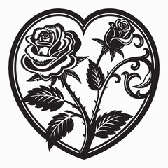 Heart-Shaped Frame with Roses and Ornate Design. - Silhouette Rose