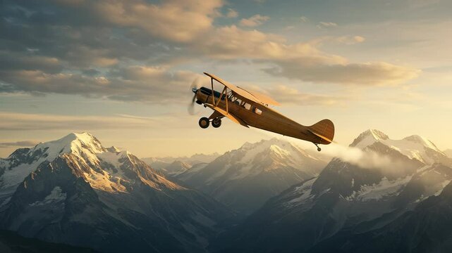 Vintage biplane soars above majestic, snow-capped mountains at golden hour creating awe