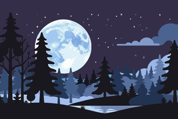 Naklejka premium Night Forest Landscape with Full Moon and Stars Illustration - Dark Silhouettes of Trees Against a Starry Sky and Clouds over Water Scenery