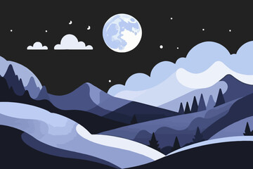 Fototapeta premium Night Landscape Illustration of Mountains and Moon- Serene Nighttime Scene with Stars and Clouds- Calming Mountainscape Art for Wallpaper