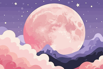 Fototapeta premium Pink Full Moon Over Mountains and Clouds Illustration - Dreamy Night Sky with Stars - Pastel Colors Lunar Landscape Artwork