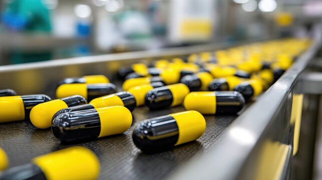Yellow and black capsules move along a conveyor belt in a pharmaceutical manufacturing facility.