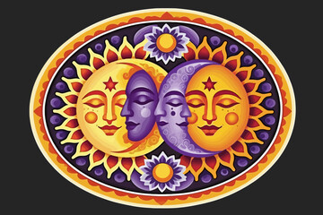 Sun and Moon Illustration in Purple and Gold Tones - Celestial Art with Faces and Flowers - Mystical Symbolism in Ornate Design - Cosmic Harmony Image