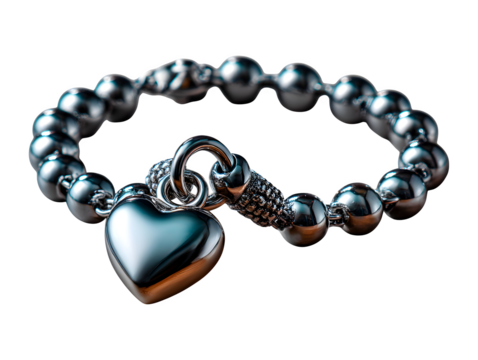 Silver bracelet chain with small heart charm, realistic metallic shine,