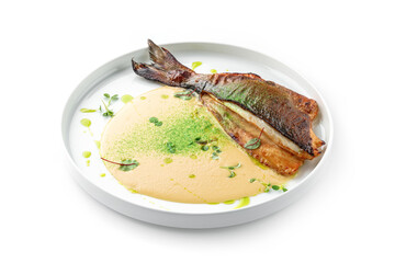 Grilled fillet dorado fish with sauce and greens on the plate isolated on white background. Healthy seafood, top view, close up