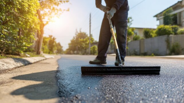 A stunning image of person sealing driveway with squeegee applicator tool in sunny day. Driveway asphalt sealcoating protects pavement, prevents fractures. Maintenance worker.