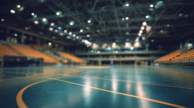 A stunning image of blurred background of a futsal arena with an empty court and seating area. The image captures the indoor sports facility, highlighting the court markings.