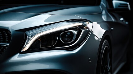 A stunning image of closeup view of car front headlight showcasing modern design and highend automotive craftsmanship against a dark background.