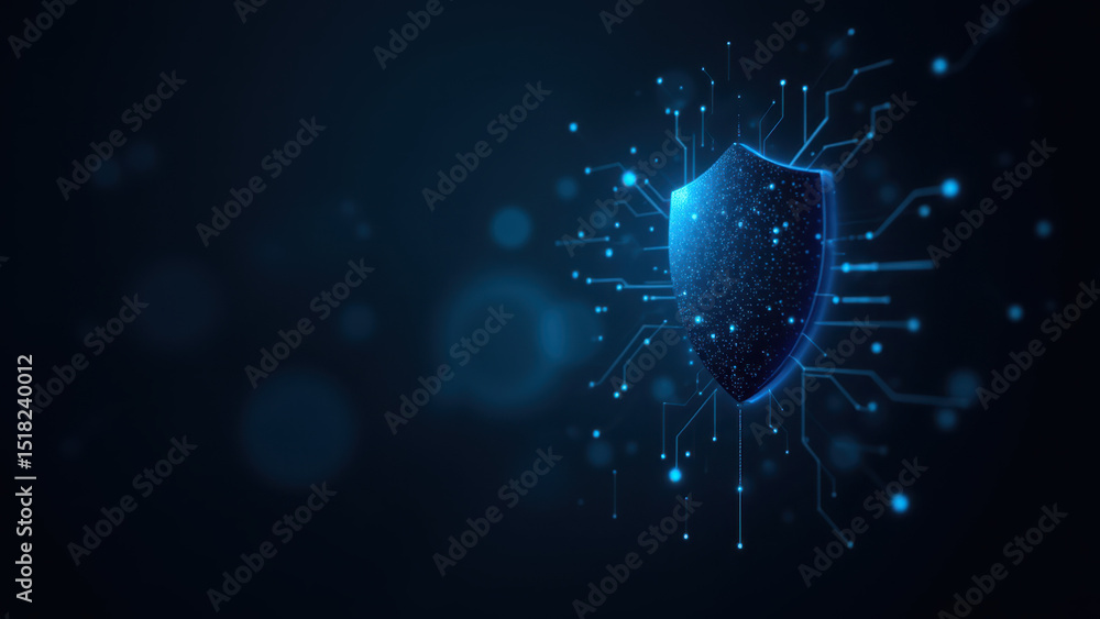 Poster a digital illustration of a shield with cybersecurity elements such as firewalls and network nodes r