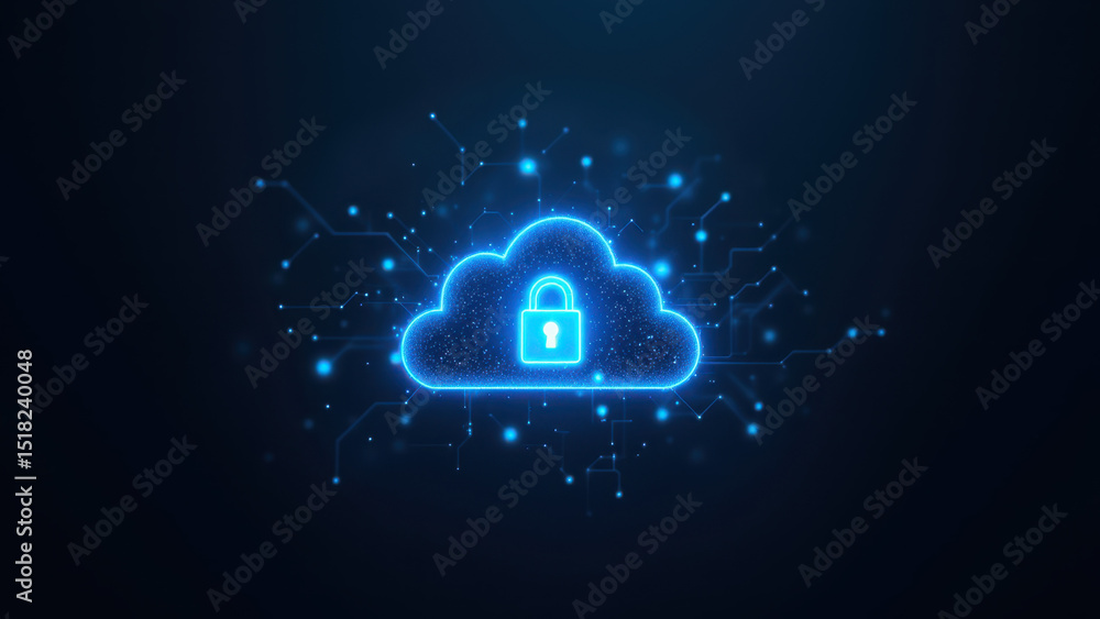 Poster an artistic illustration representing cybersecurity with a lock symbol surrounded by glowing digital