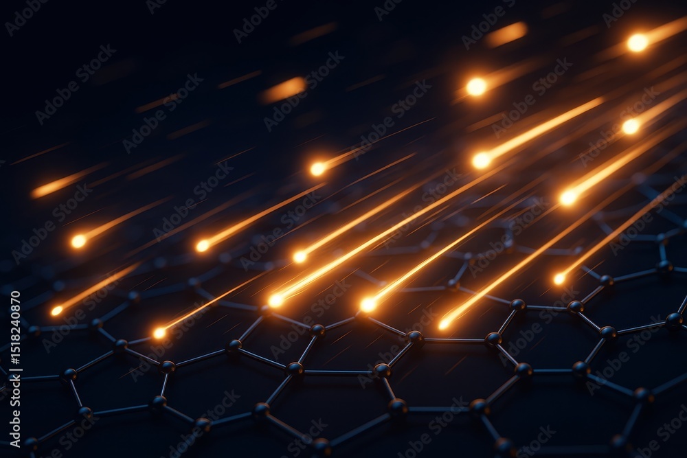 Poster graphene structure illuminated by dynamic light trails illustrating energy movement and conductivity