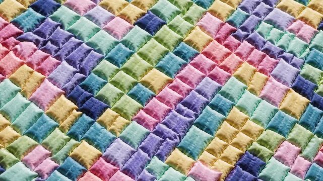Vibrant multicolor textured surface made of tightly woven quilted blocks in pastel shades, forming geometric patchwork with playful handcrafted aesthetic