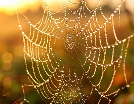 Morning dewdrops on spider web nature photography close-up view serene environment capturing natural beauty - Powered by Adobe