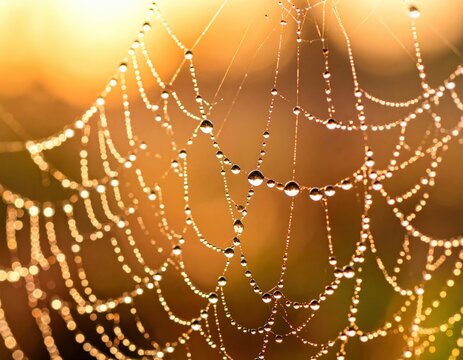 Captivating spider web with dew drops natural setting macro photography morning light nature's beauty