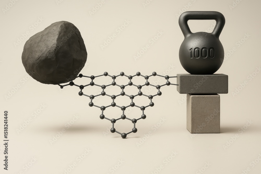 Poster graphene bridge demonstrating strength and structure with a rock and weight on opposing sides
