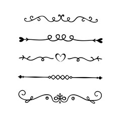 Text dividers doodle set. Wedding decorative elements. Divider ornament, borders, vintage line separators. Hand drawn vector illustration isolated on white background