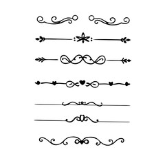 Fototapeta premium Text dividers doodle set. Wedding decorative elements. Divider ornament, borders, vintage line separators. Hand drawn vector illustration isolated on white background