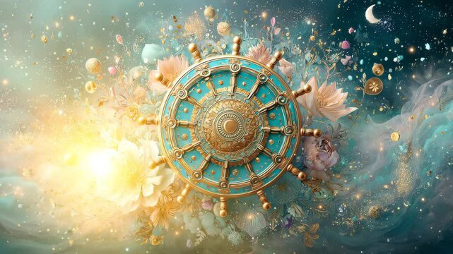 Floating glowing Dharma wheel gold, mystical Dharmachakra enlightenment symbol, golden Dharma wheel with cosmic fog,Mystical Dharma Symbolism,Spiritual Golden Enlightenment